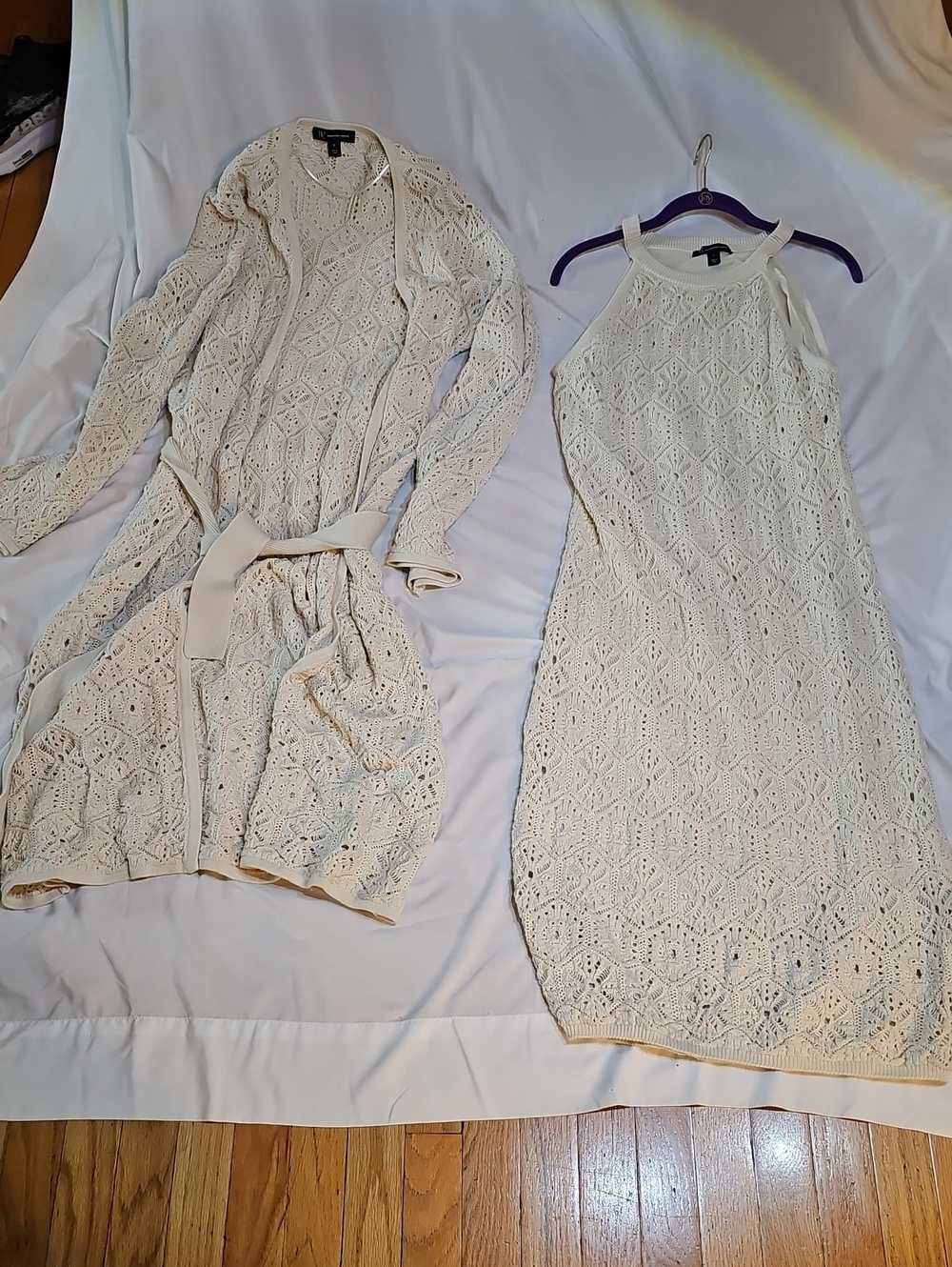 Women's Cream Crochet Knit Dress & Cardigan Set